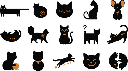 A collection of cute black cat stickers featuring various poses and expressions isolated on a white background for creative design projects