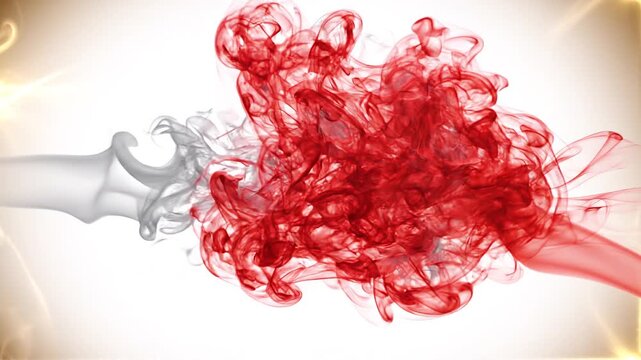 Vibrant red ink cloud mixing into grey smoke in slow motion.