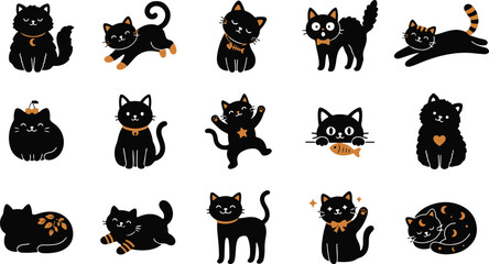 Obraz premium A collection of cute black cat stickers featuring various playful poses and expressions isolated on a clean white background for creative projects