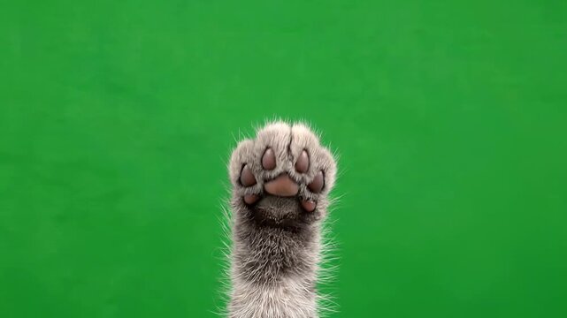 Cute gray kitten paw raised against green screen background.