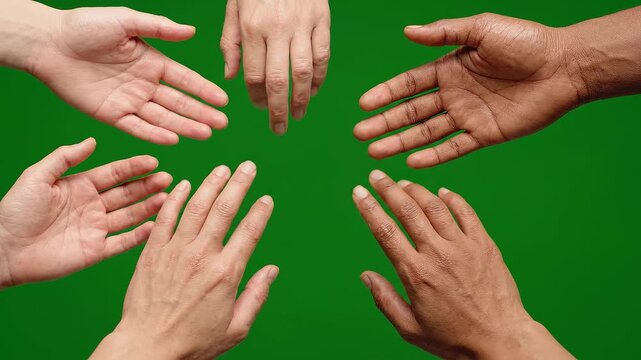 Diverse Hands Reaching Towards Center On Green Background.