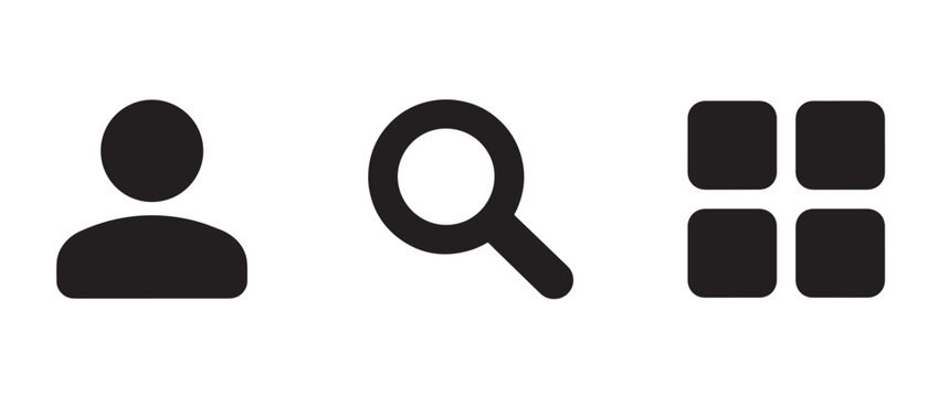 Three black on a white background, depicting a user, profile silhouette, a, magnifying glass for, search, and a, four-square grid layout, for navigation