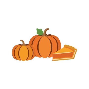 Autumn pumpkins and pie slice. Thanksgiving harvest vegetables and seasonal dessert icon.