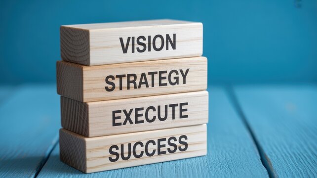 Wooden blocks stack with business management words vision strategy execute success on blue background