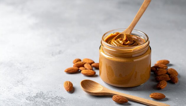 Glass jar of almond butter with wooden spoon on light gray background, healthy spread concept