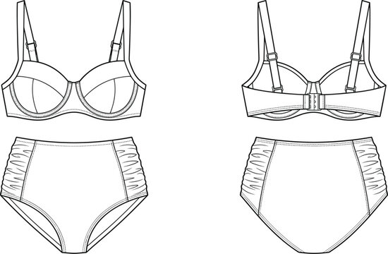 MobileWomen Lingerie Set Fashion Flat Sketch Front and Back View Vector Technical Drawing