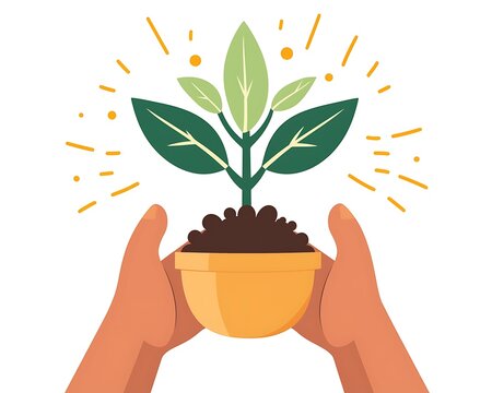 Green Growth Two hands gently hold a yellow pot with a thriving plant inside. This illustration symbolizes nurturing growth, sustainability, and the beauty of nature.