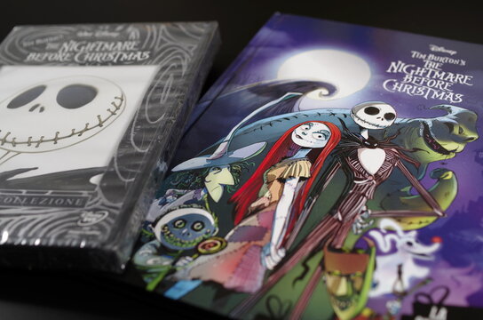 Rome, Italy - September 12, 2025, tilted perspective of the DVD The Nightmare Before Christmas. Collector's Edition and The Nightmare Before Christmas, the comic book story of the animated film.