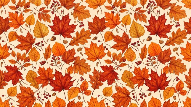 Autumn leaves seamless pattern, vintage fall foliage background with maple and oak leaves, rustic botanical textile print for seasonal decor