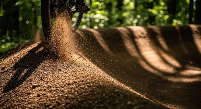 Action Shot of Mountain Bike Wheel Kicking Up Dirt and Dust on a Forest Trail Berm During a Sunny Ride