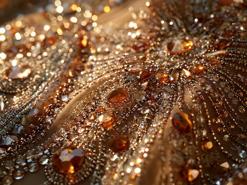Handmade rhinestone jewelry beading close-up on textured gold and brown fabric shimmer sparkle pattern