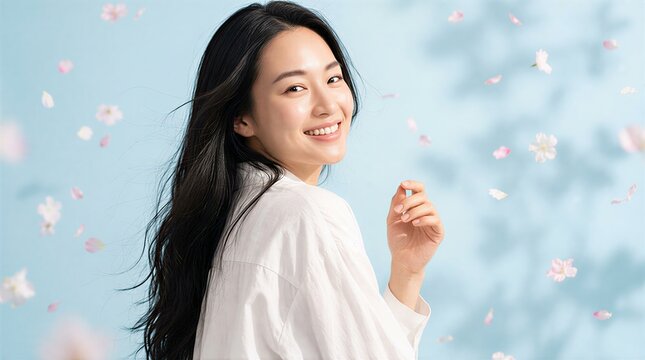Smiling Young Asian Woman with Flowing Hair and Cherry Blossoms on Blue Background