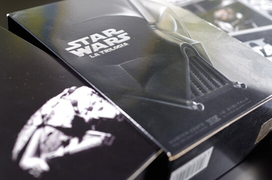 Rome, Italy - October 12, 2025, selective focus cross-section of an old Star Wars trilogy DVD box set containing the classic episodes IV, V, and VI.