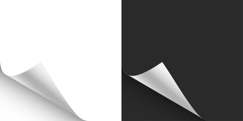 Obraz premium Paper curl corner background. Curled paper corner with realistic page fold effect. White sheet edge peeling back, revealing shadow and depth. Minimal vector illustration.