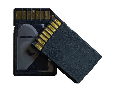 Two overlapping SD memory cards with gold contact pins on black background