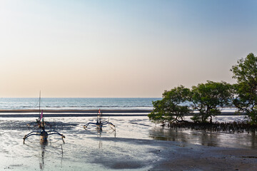 Traditional fishing boats rest on wet sand during low tide near mangroves. Calm sea, clear sky, warm tropical light create coastal scene perfect for travel, nature, and Indonesia lifestyle themes. © Tropical studio