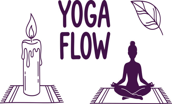 Yoga Flow illustration with candle, meditation figure and leaf, wellness silhouette typography design