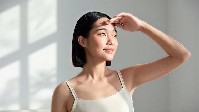 Young Asian Woman Shielding Eyes from Sunlight with Healthy Glowing Skin