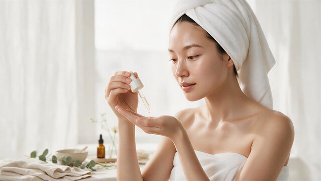 Young Asian Woman Applying Skincare Serum in Spa with Towel Wrapped Hair
