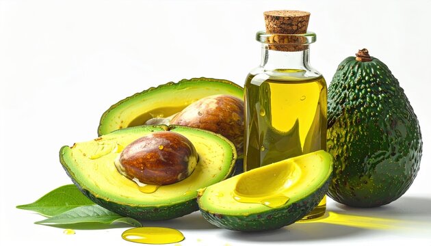 Bottle of avocado oil with fresh avocado slices, isolated on white