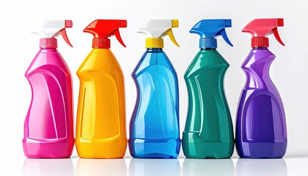 Set of colorful plastic cleaning product bottles isolated on white background, household packaging mockup