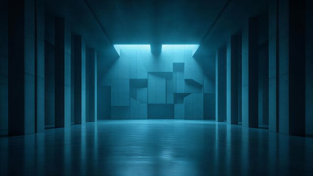 Futuristic Sci-Fi Hallway with Floating Geometric Cubes and Blue Neon Lighting