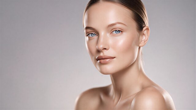 Natural Beauty Portrait of Young Woman with Glowing Healthy Skin Minimal Nude Makeup Luxury Skincare Concept