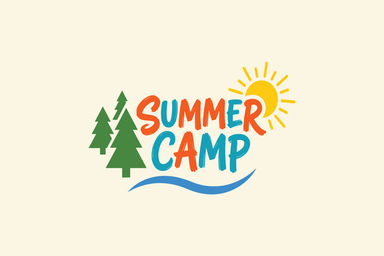 Summer Camp colorful lettering logo with pine trees, sun and wave illustration, vibrant summer badge design for kids camp