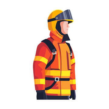 firefighter in protective clothing with yellow reflective stripes, profession firefighter