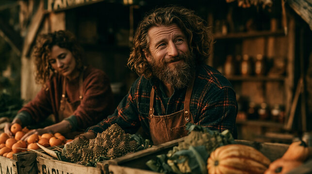 A medium shot of two market workers in leather aprons standing behind a wooden crate display filled with fresh romanesco broccoli, winter squash, and oranges.