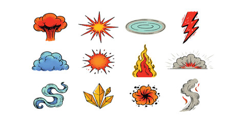 Set of cartoon comic book explosion and action effects icons for game design and illustration © vintage style