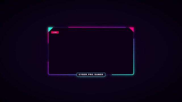 Cyber pro gamer neon live stream overlay frame with glowing rgb border for gaming channels and esports creators animation 4k