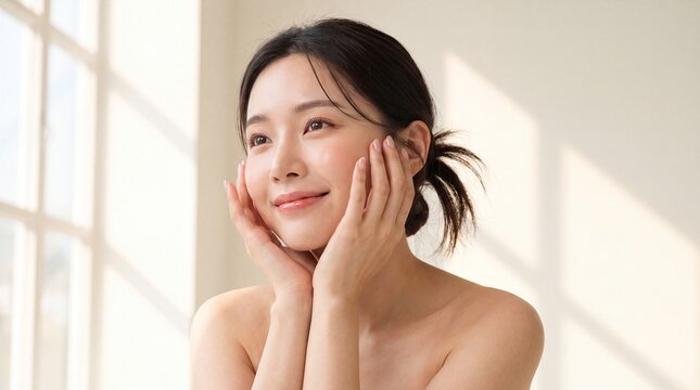 Happy Young Asian Woman with Healthy Glowing Skin Natural Beauty Skincare Portrait in Soft Morning Light