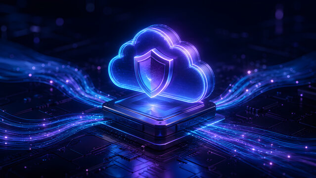 Glassy glowing cloud featuring inner shield sitting on processor base. Concept of cybersecurity hardware, storage protection, and network firewall.