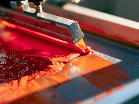 Screen printing process close-up with red ink on printing press in workshop showing color mixing and fabric printmaking