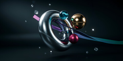 Fototapeta premium Abstract geometric shapes with metallic torus and spheres in soft studio lighting