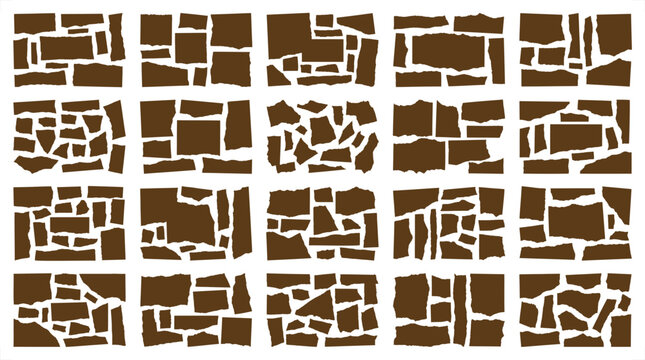 Rustic brown stone wall patterns, set of 20 mosaic masonry textures, natural rock paving blocks and flagstone walling EPS vector elements