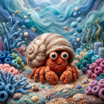 Photo-realistic 3D illustration style hermit crab and sea environment made of wool yarn felt