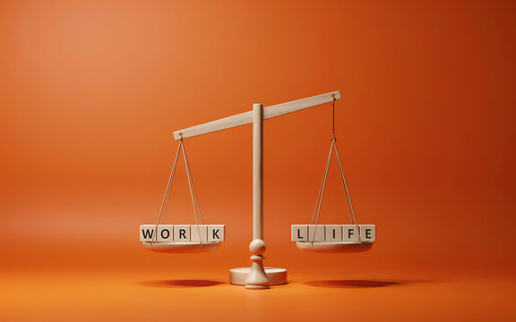 Balance scale with 'work' and 'life' cubes during studio lighting for concept of equilibrium
