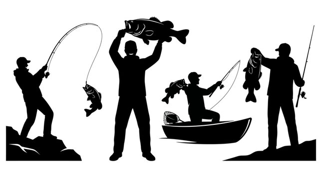 Fishermen With Catch In Black Silhouette angler