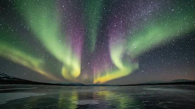 Aurora borealis dancing over frozen arctic lake at night vibrant green and purple northern lights celestial display