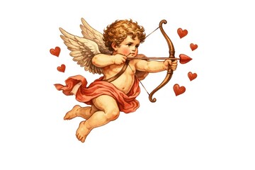 Fototapeta premium Cherubic cupid with bow and arrow surrounded by hearts.