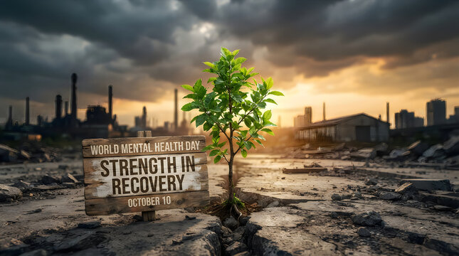 A small green tree growing in a wasteland representing hope and strength in recovery for world mental health day