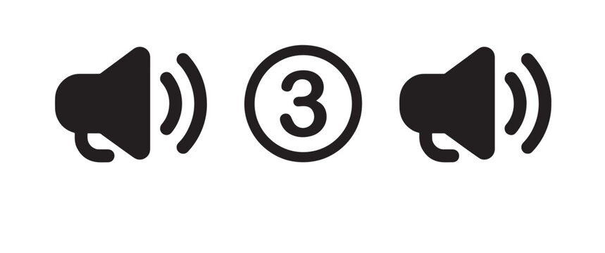 Set of black audio featuring a speaker with sound waves and a number three in a circle on a white background, for media and, interface applications