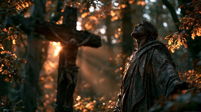 A stunning 3D render of a religious statue with hands outstretched and a cross in the background, illuminated by soft sunbeams through autumn leaves in a forest.