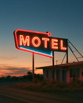 Neon sign motel at twilight with illuminated lights, empty parking lot and roadside architecture landscape