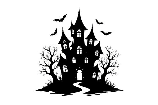 Spooky haunted house with bats and eerie trees.