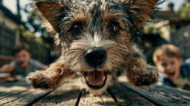 Exuberant photograph of a scruffy terrier dog mid-air, jumping excitedly toward the lens with an open mouth and bright eyes, flanked by two blurred children.