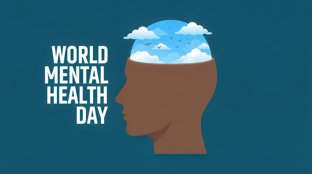 Conceptual illustration for world mental health day featuring a human head silhouette with a clear blue sky inside