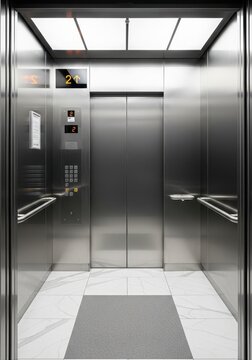 Modern Stainless Steel Elevator Interior with Marble Floor and Control Panel in a Corporate Office Building